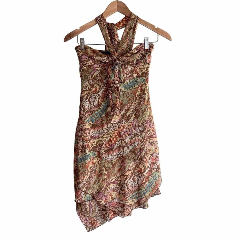 Vintage Y2K hot kiss asymmetrical brown print mini dress neck tie small USA made